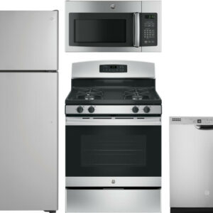 GE 4 Piece Kitchen Appliances Package with Top Freezer Refrigerator, Gas Range, Dishwasher and Over the Range Microwave in Stainless Steel GERERADWMW3