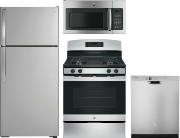 GE 4 Piece Kitchen Appliances Package with Top Freezer Refrigerator, Gas Range, Dishwasher and Over the Range Microwave in Stainless Steel GERERADWMW3