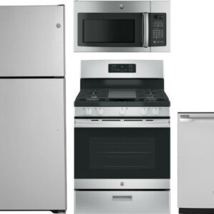 GE 4 Piece Kitchen Appliances Package with Top Freezer Refrigerator, Gas Range, Dishwasher and Over the Range Microwave in Stainless Steel GERERADWMW4