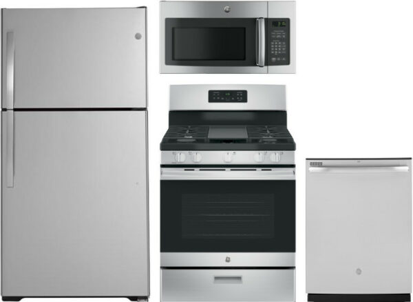 GE 4 Piece Kitchen Appliances Package with Top Freezer Refrigerator, Gas Range, Dishwasher and Over the Range Microwave in Stainless Steel GERERADWMW4