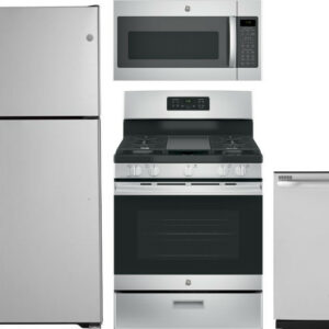 GE 4 Piece Kitchen Appliances Package with Top Freezer Refrigerator, Gas Range, Dishwasher and Over the Range Microwave in Stainless Steel GERERADWMW5