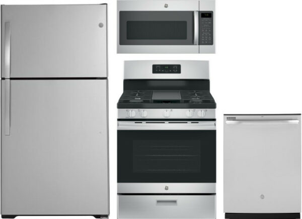 GE 4 Piece Kitchen Appliances Package with Top Freezer Refrigerator, Gas Range, Dishwasher and Over the Range Microwave in Stainless Steel GERERADWMW5