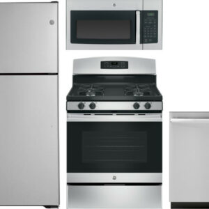 GE 4 Piece Kitchen Appliances Package with Top Freezer Refrigerator, Gas Range, Dishwasher and Over the Range Microwave in Stainless Steel GERERADWMW6