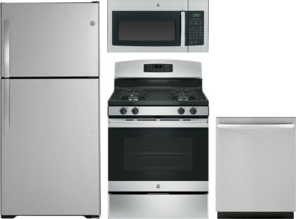 GE 4 Piece Kitchen Appliances Package with Top Freezer Refrigerator, Gas Range, Dishwasher and Over the Range Microwave in Stainless Steel GERERADWMW6