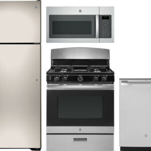 GE 4 Piece Kitchen Appliances Package with Top Freezer Refrigerator, Gas Range, Dishwasher and Over the Range Microwave in Stainless Steel GERERADWMW7