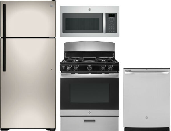 GE 4 Piece Kitchen Appliances Package with Top Freezer Refrigerator, Gas Range, Dishwasher and Over the Range Microwave in Stainless Steel GERERADWMW7