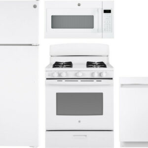 GE 4 Piece Kitchen Appliances Package with Top Freezer Refrigerator, Gas Range, Dishwasher and Over the Range Microwave in White GERERADWMW3322