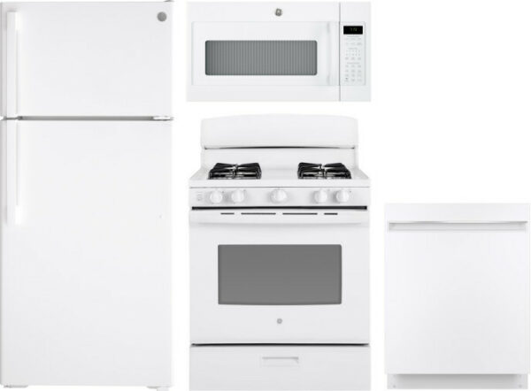 GE 4 Piece Kitchen Appliances Package with Top Freezer Refrigerator, Gas Range, Dishwasher and Over the Range Microwave in White GERERADWMW3322