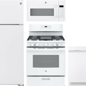 GE 4 Piece Kitchen Appliances Package with Top Freezer Refrigerator, Gas Range, Dishwasher and Over the Range Microwave in White GERERADWMW3323