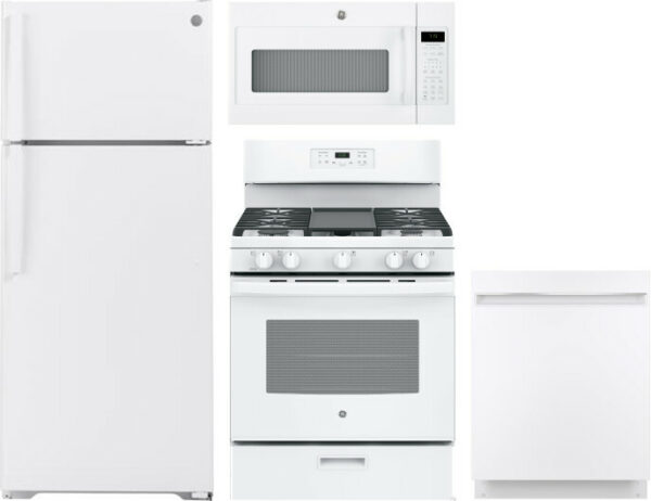 GE 4 Piece Kitchen Appliances Package with Top Freezer Refrigerator, Gas Range, Dishwasher and Over the Range Microwave in White GERERADWMW3323