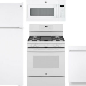 GE 4 Piece Kitchen Appliances Package with Top Freezer Refrigerator, Gas Range, Dishwasher and Over the Range Microwave in White GERERADWMW3325