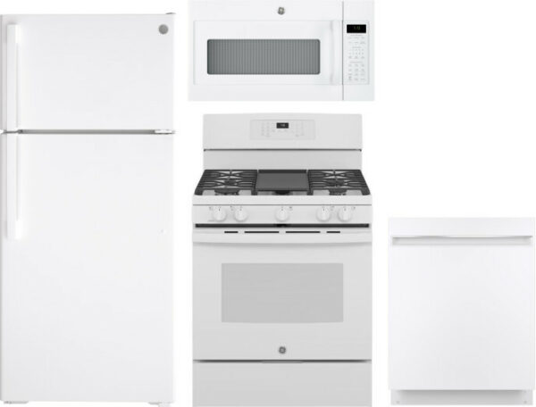 GE 4 Piece Kitchen Appliances Package with Top Freezer Refrigerator, Gas Range, Dishwasher and Over the Range Microwave in White GERERADWMW3325