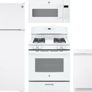 GE 4 Piece Kitchen Appliances Package with Top Freezer Refrigerator, Gas Range, Dishwasher and Over the Range Microwave in White GERERADWMW3328