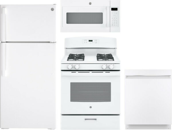 GE 4 Piece Kitchen Appliances Package with Top Freezer Refrigerator, Gas Range, Dishwasher and Over the Range Microwave in White GERERADWMW3328