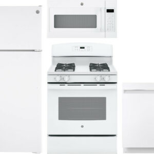 GE 4 Piece Kitchen Appliances Package with Top Freezer Refrigerator, Gas Range, Dishwasher and Over the Range Microwave in White GERERADWMW3331