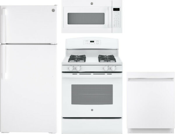 GE 4 Piece Kitchen Appliances Package with Top Freezer Refrigerator, Gas Range, Dishwasher and Over the Range Microwave in White GERERADWMW3331