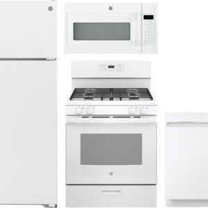 GE 4 Piece Kitchen Appliances Package with Top Freezer Refrigerator, Gas Range, Dishwasher and Over the Range Microwave in White GERERADWMW3332