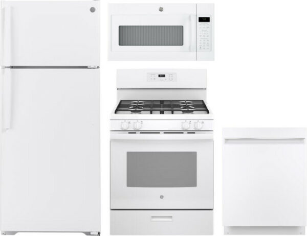 GE 4 Piece Kitchen Appliances Package with Top Freezer Refrigerator, Gas Range, Dishwasher and Over the Range Microwave in White GERERADWMW3332