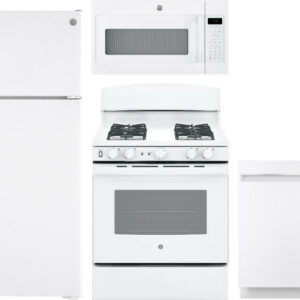 GE 4 Piece Kitchen Appliances Package with Top Freezer Refrigerator, Gas Range, Dishwasher and Over the Range Microwave in White GERERADWMW3334