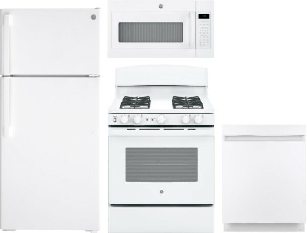 GE 4 Piece Kitchen Appliances Package with Top Freezer Refrigerator, Gas Range, Dishwasher and Over the Range Microwave in White GERERADWMW3334