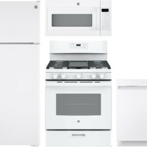 GE 4 Piece Kitchen Appliances Package with Top Freezer Refrigerator, Gas Range, Dishwasher and Over the Range Microwave in White GERERADWMW3336