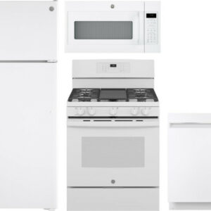 GE 4 Piece Kitchen Appliances Package with Top Freezer Refrigerator, Gas Range, Dishwasher and Over the Range Microwave in White GERERADWMW3338