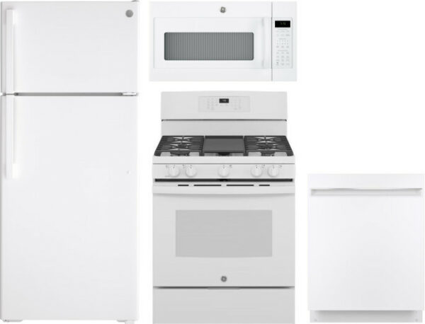 GE 4 Piece Kitchen Appliances Package with Top Freezer Refrigerator, Gas Range, Dishwasher and Over the Range Microwave in White GERERADWMW3338