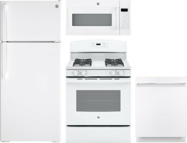 GE 4 Piece Kitchen Appliances Package with Top Freezer Refrigerator, Gas Range, Dishwasher and Over the Range Microwave in White GERERADWMW3344