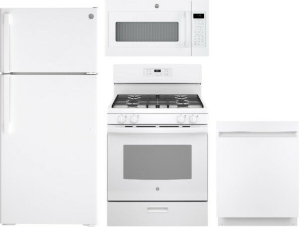 GE 4 Piece Kitchen Appliances Package with Top Freezer Refrigerator, Gas Range, Dishwasher and Over the Range Microwave in White GERERADWMW3345