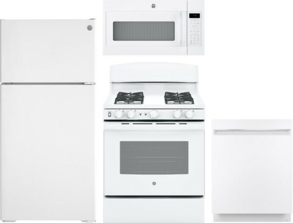 GE 4 Piece Kitchen Appliances Package with Top Freezer Refrigerator, Gas Range, Dishwasher and Over the Range Microwave in White GERERADWMW3348