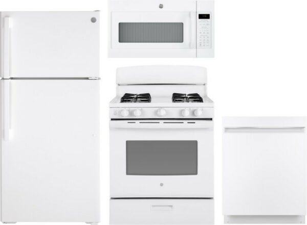 GE 4 Piece Kitchen Appliances Package with Top Freezer Refrigerator, Gas Range, Dishwasher and Over the Range Microwave in White GERERADWMW3349