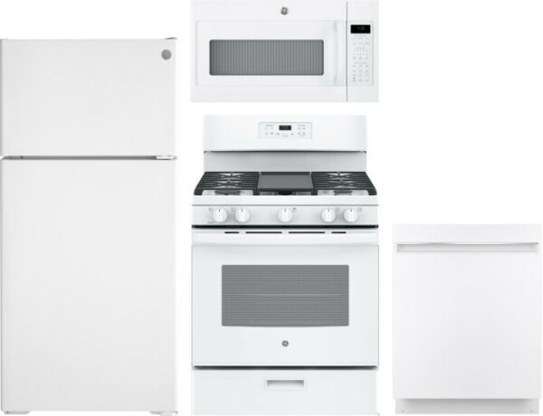 GE 4 Piece Kitchen Appliances Package with Top Freezer Refrigerator, Gas Range, Dishwasher and Over the Range Microwave in White GERERADWMW3350