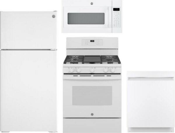 GE 4 Piece Kitchen Appliances Package with Top Freezer Refrigerator, Gas Range, Dishwasher and Over the Range Microwave in White GERERADWMW3352