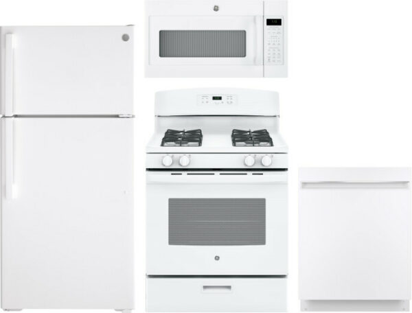 GE 4 Piece Kitchen Appliances Package with Top Freezer Refrigerator, Gas Range, Dishwasher and Over the Range Microwave in White GERERADWMW3355