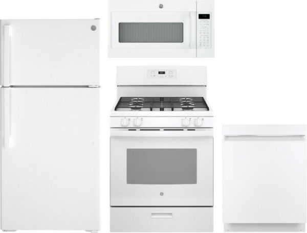 GE 4 Piece Kitchen Appliances Package with Top Freezer Refrigerator, Gas Range, Dishwasher and Over the Range Microwave in White GERERADWMW3359