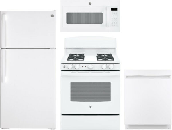 GE 4 Piece Kitchen Appliances Package with Top Freezer Refrigerator, Gas Range, Dishwasher and Over the Range Microwave in White GERERADWMW3361