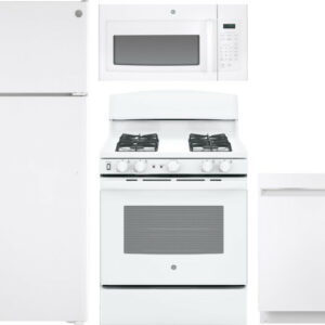 GE 4 Piece Kitchen Appliances Package with Top Freezer Refrigerator, Gas Range, Dishwasher and Over the Range Microwave in White GERERADWMW3362