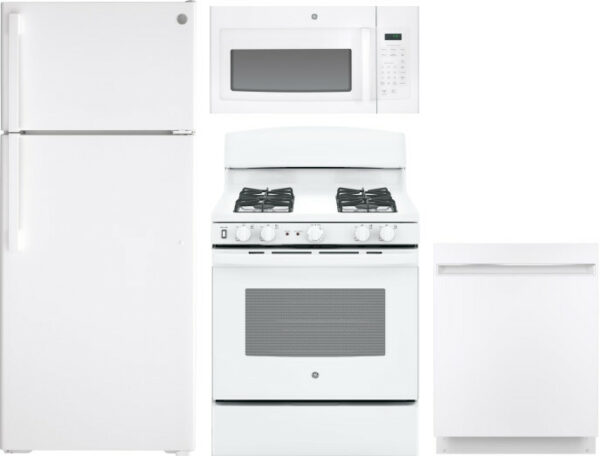 GE 4 Piece Kitchen Appliances Package with Top Freezer Refrigerator, Gas Range, Dishwasher and Over the Range Microwave in White GERERADWMW3362