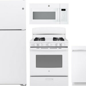 GE 4 Piece Kitchen Appliances Package with Top Freezer Refrigerator, Gas Range, Dishwasher and Over the Range Microwave in White GERERADWMW3363