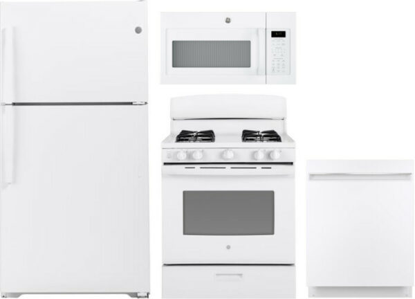 GE 4 Piece Kitchen Appliances Package with Top Freezer Refrigerator, Gas Range, Dishwasher and Over the Range Microwave in White GERERADWMW3363