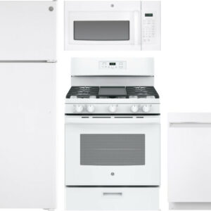 GE 4 Piece Kitchen Appliances Package with Top Freezer Refrigerator, Gas Range, Dishwasher and Over the Range Microwave in White GERERADWMW3364