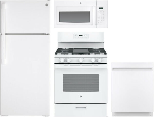 GE 4 Piece Kitchen Appliances Package with Top Freezer Refrigerator, Gas Range, Dishwasher and Over the Range Microwave in White GERERADWMW3364