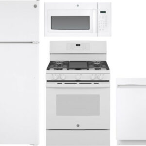 GE 4 Piece Kitchen Appliances Package with Top Freezer Refrigerator, Gas Range, Dishwasher and Over the Range Microwave in White GERERADWMW3366