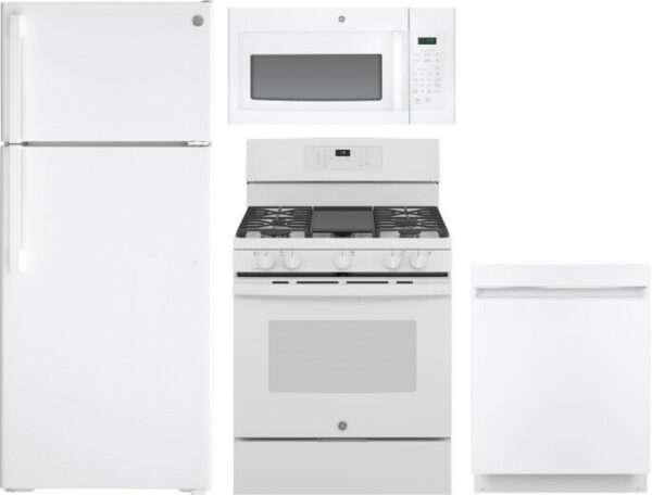 GE 4 Piece Kitchen Appliances Package with Top Freezer Refrigerator, Gas Range, Dishwasher and Over the Range Microwave in White GERERADWMW3366