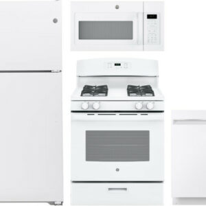 GE 4 Piece Kitchen Appliances Package with Top Freezer Refrigerator, Gas Range, Dishwasher and Over the Range Microwave in White GERERADWMW3369