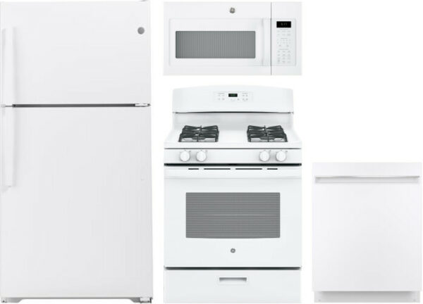 GE 4 Piece Kitchen Appliances Package with Top Freezer Refrigerator, Gas Range, Dishwasher and Over the Range Microwave in White GERERADWMW3369