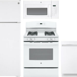 GE 4 Piece Kitchen Appliances Package with Top Freezer Refrigerator, Gas Range, Dishwasher and Over the Range Microwave in White GERERADWMW3372