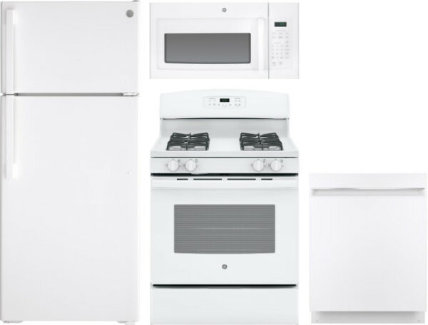 GE 4 Piece Kitchen Appliances Package with Top Freezer Refrigerator, Gas Range, Dishwasher and Over the Range Microwave in White GERERADWMW3372