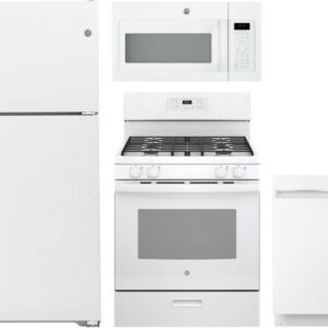 GE 4 Piece Kitchen Appliances Package with Top Freezer Refrigerator, Gas Range, Dishwasher and Over the Range Microwave in White GERERADWMW3373