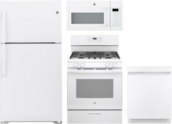 GE 4 Piece Kitchen Appliances Package with Top Freezer Refrigerator, Gas Range, Dishwasher and Over the Range Microwave in White GERERADWMW3373